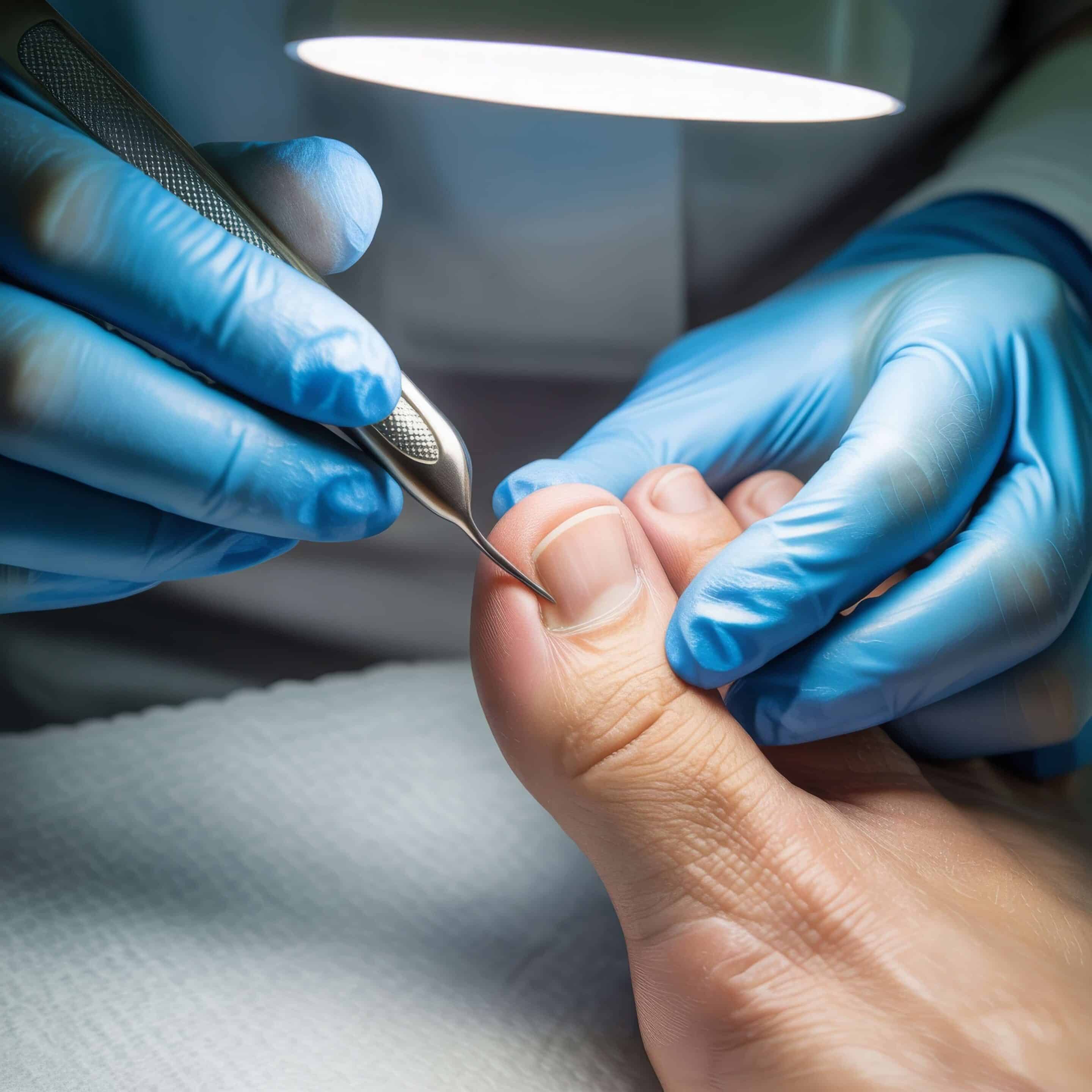 Close-up image of a professional podiatrist performing medical pedicure on a patient's toenails with sterile tools and gloves, ideal for healthcare, dermatology, and foot care service promotions Close-up image of a professional podiatrist performing medical pedicure on a patient's toenails with sterile tools and gloves, ideal for healthcare, dermatology, and foot care service promotions