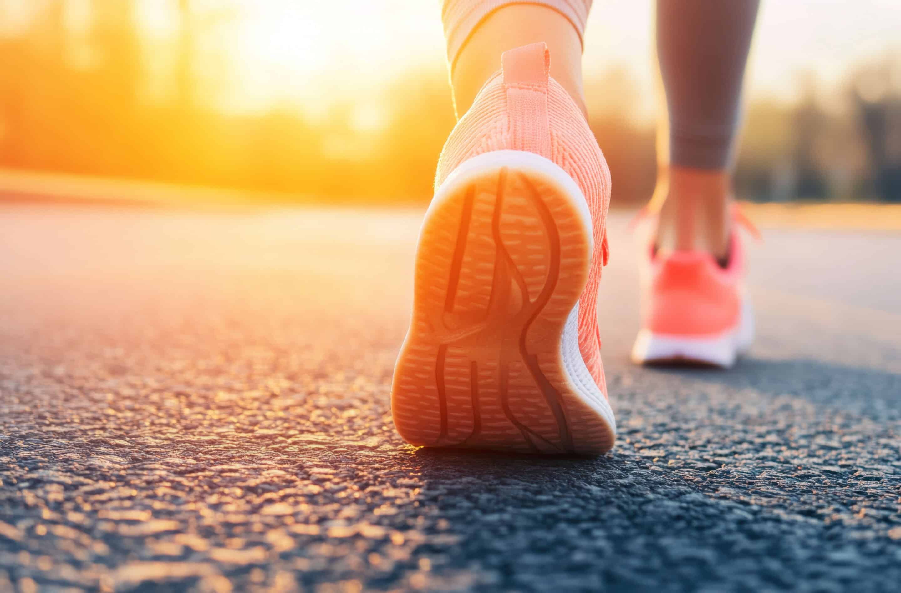 Close up of feet in running shoes walking on road during sunset, showcasing active lifestyle and determination